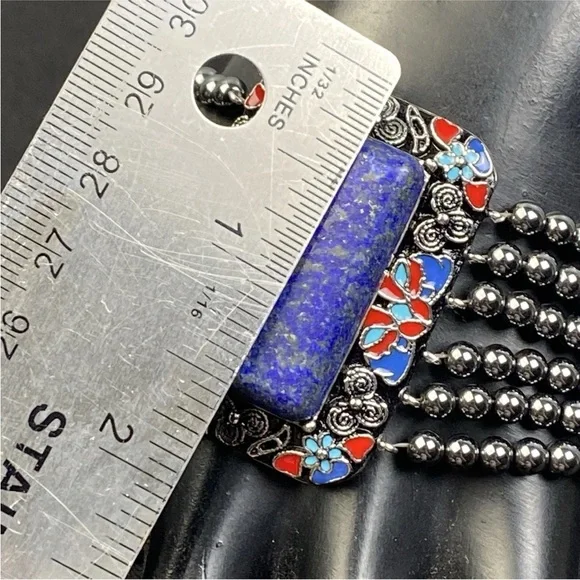 Hanmdade Bracelet Red Blue Enamel Hematite Beads Lapis Lazuli Stone 7" to 8" - Picture 4 of 14